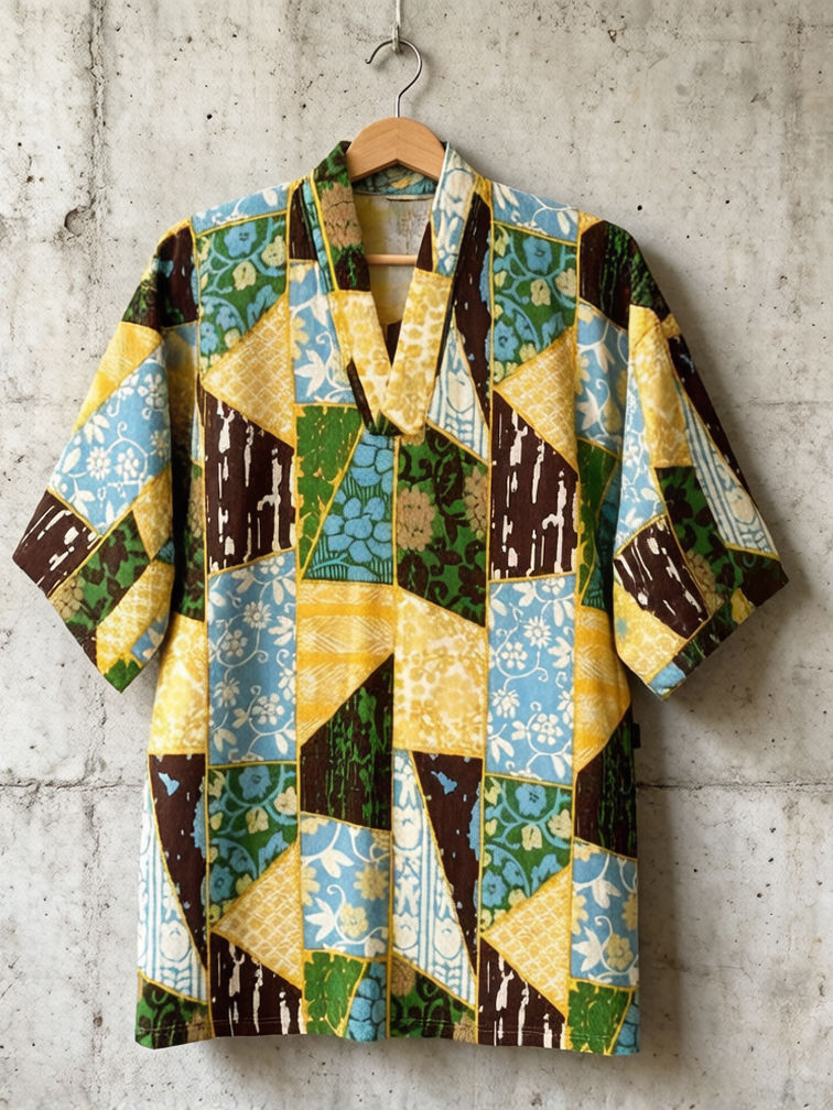 Men's Colorblock Floral Patchwork Art Print Casual V Neck T-Shirt