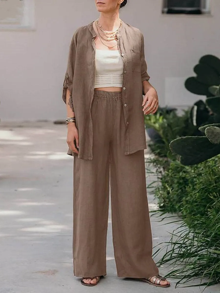 Women's Spring Solid Color Long- Sleeve Shirt and Pants Two Piece Set