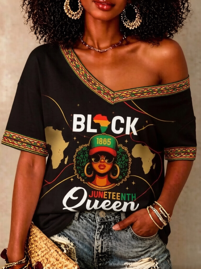 Women's Black Queen Juneteenth Print Casual V Neck T-Shirt