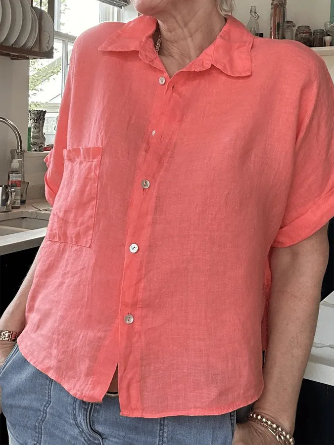 Women's Solid Color Casual Loose Open Pocket Button-Down Shirt