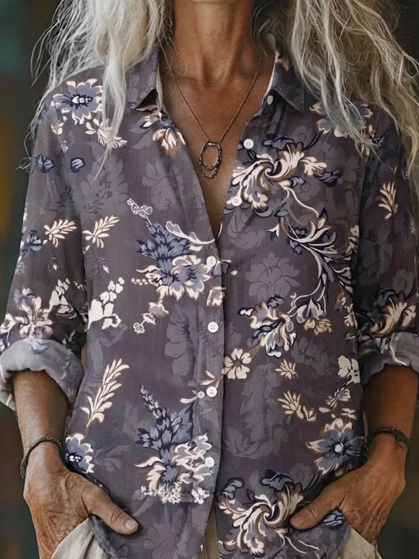 Women's Retro Floral Art Print Long Sleeve Shirt