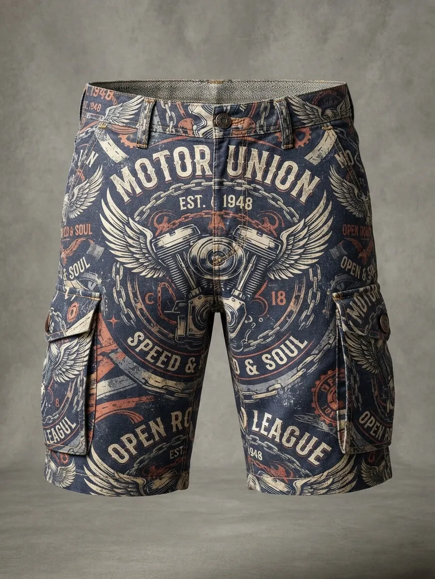 Men's Vintage Motorcycle Engine Wing Chain Art Print Casual Shorts