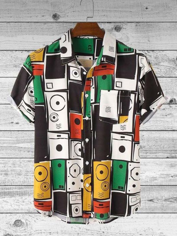 Men's African Music Art Print Colorblock Linen Blend Shirt