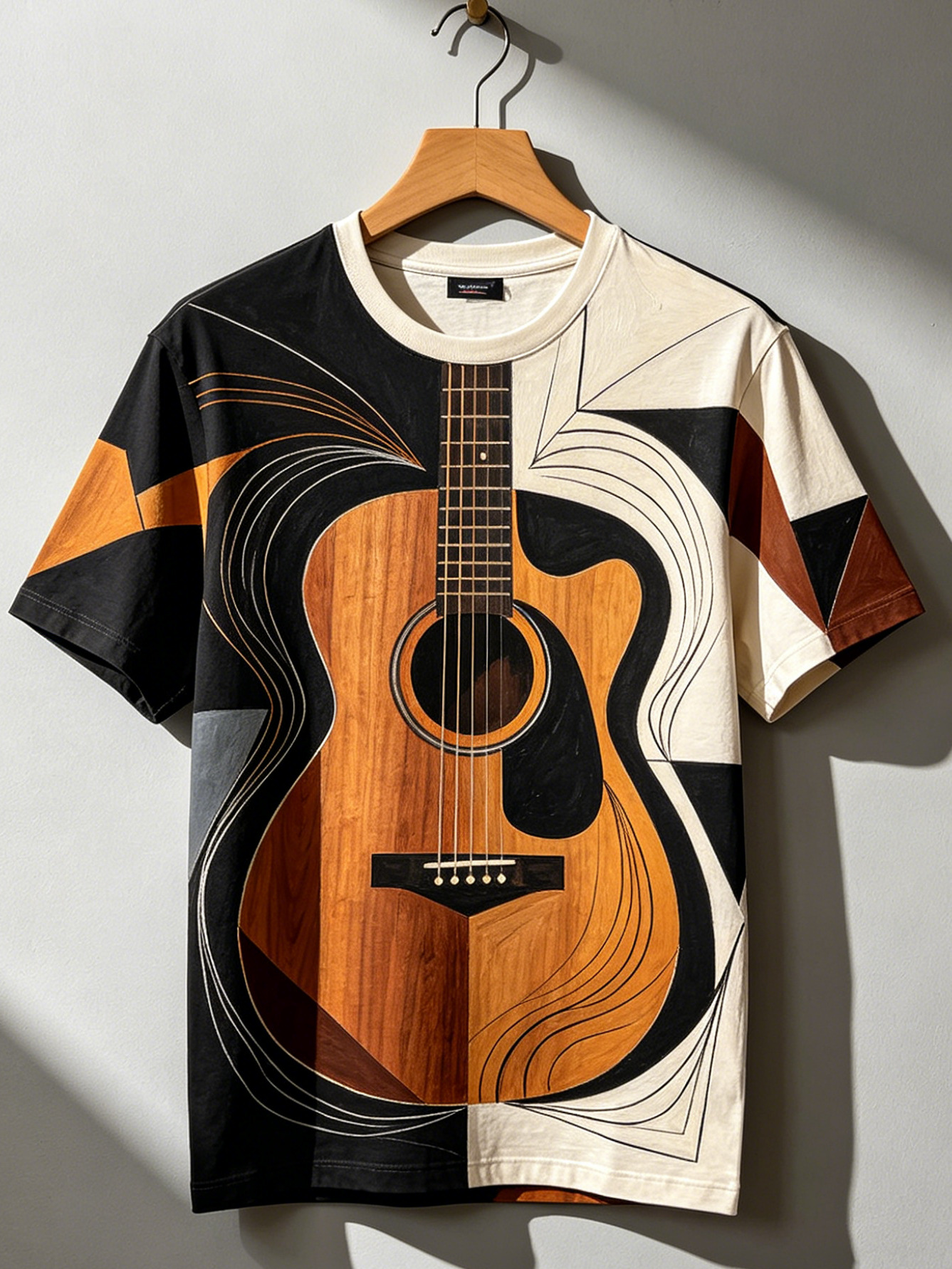 Men's Modern Abstract Acoustic Guitar Geometric Line Print T-Shirt