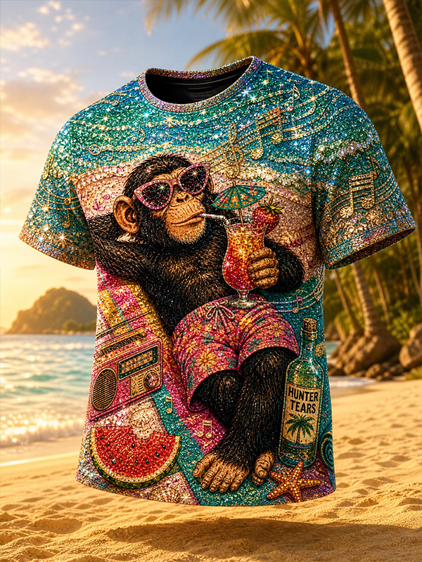 Men's Sparkly Tropical Monkey Art Print T-Shirt