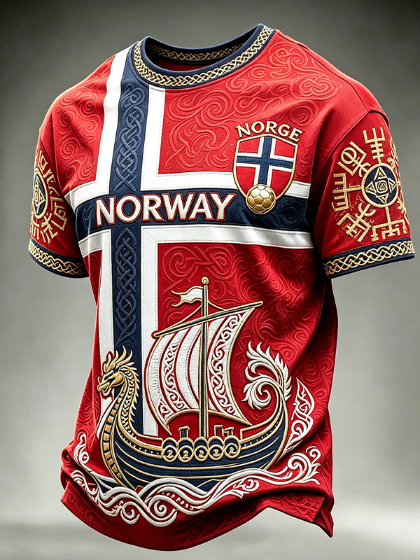 Men's Herrer Norge Fotball Viking Dragon Boat Pattern Art Print T-Shirt