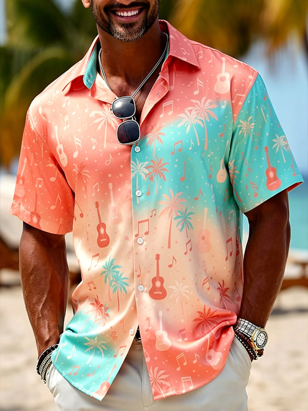 Men's Hawaiian-Style Vacation Music Notes And Palm Tree Gradient Art Print Shirt