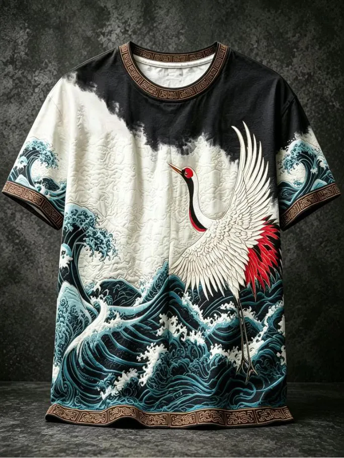 Men's Ukiyo-e Wave Red Crowned Crane Color Block Print T-Shirt