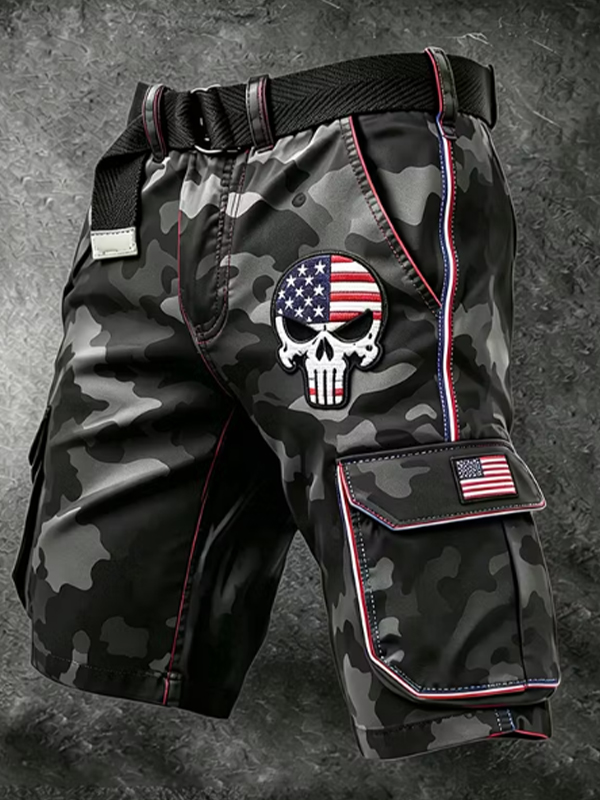 Men's Flag Skull Graphic Camouflage Print Cargo Shorts