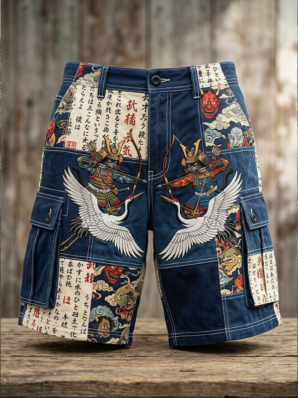 Men's Japanese Ukiyo-e Samurai Cat Crane Art Print Casual Shorts
