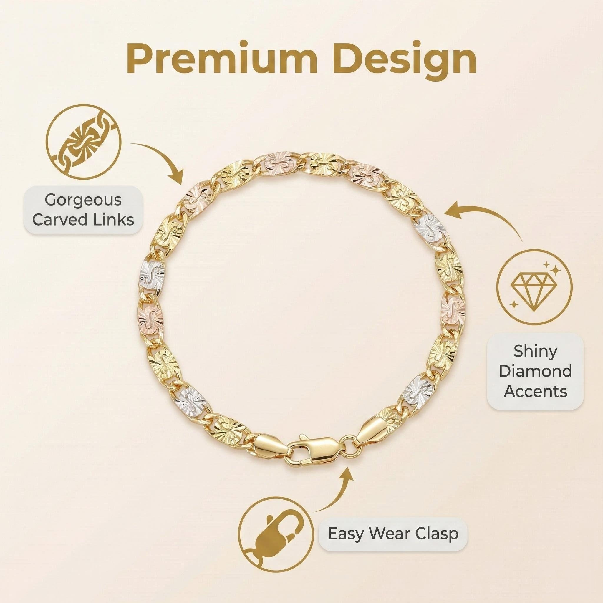 14K Gold Tri-Color Mariner Link Bracelet for Women