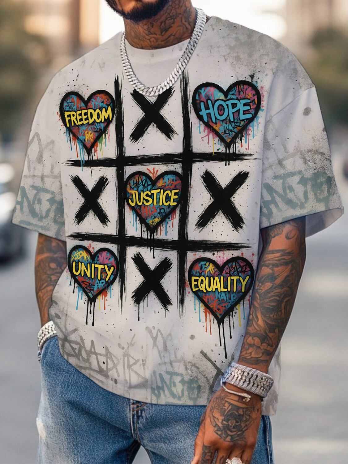 Men's Freedom Hope Justice Unity Equality Tic-Tac-Toe Print Casual T-Shirt