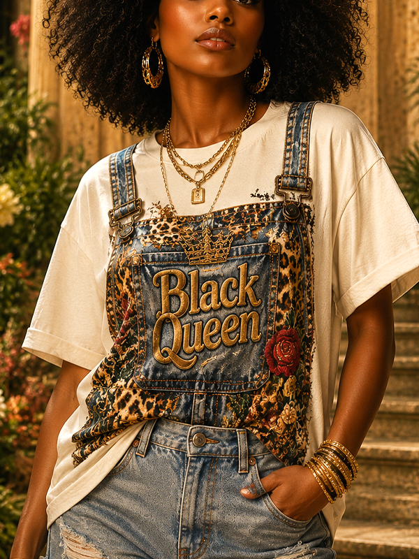 Women's Black Queen Floral And Leopard Overall Art Print Casual T-Shirt