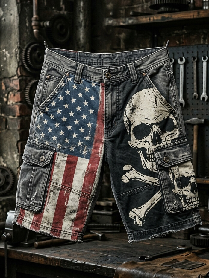 Men's Skeleton Dark Art American Flag Print Casual Shorts
