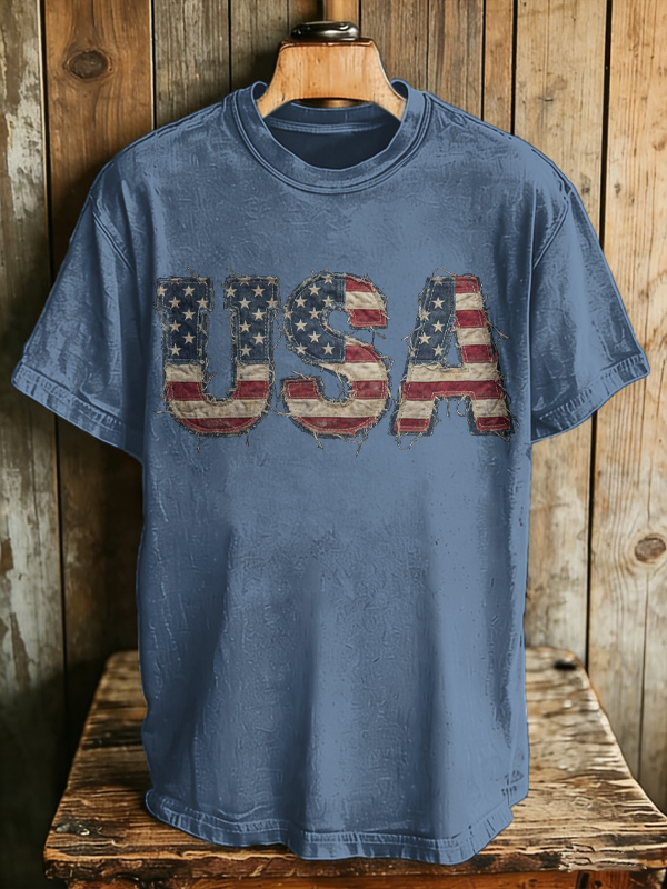 Men's USA Flag Vintage Frayed Letter Print Cotton Casual T-Shirt