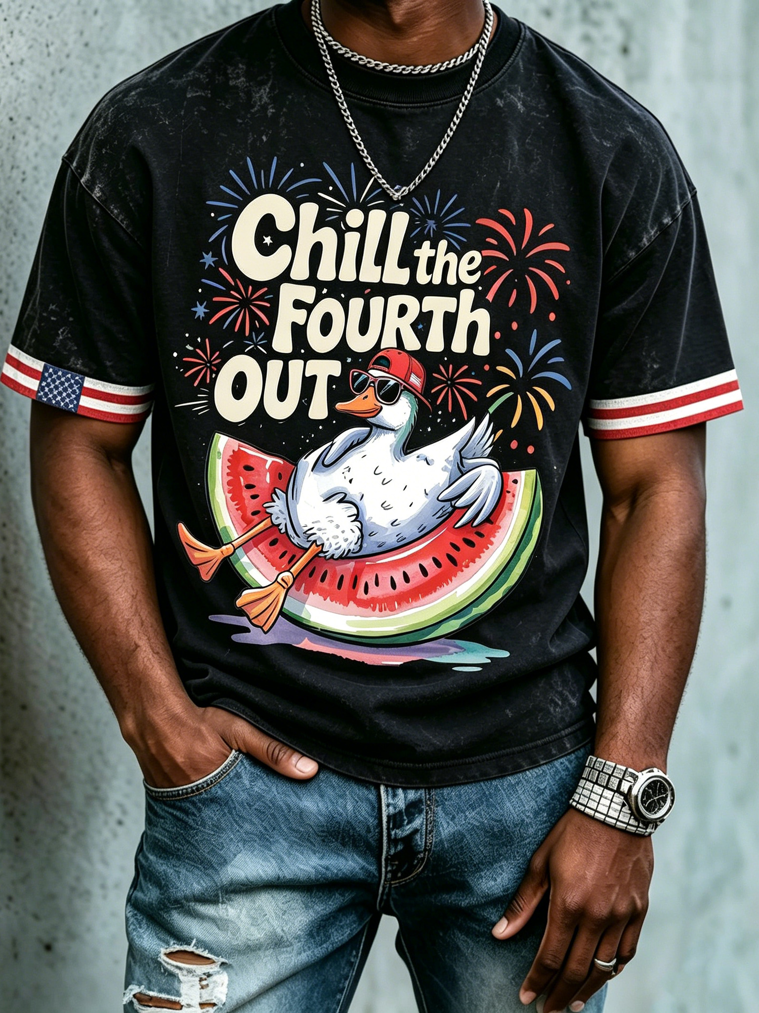 Men's Chill The Fourth Out Watermelon Duck Independence Day Vintage Print T-Shirt