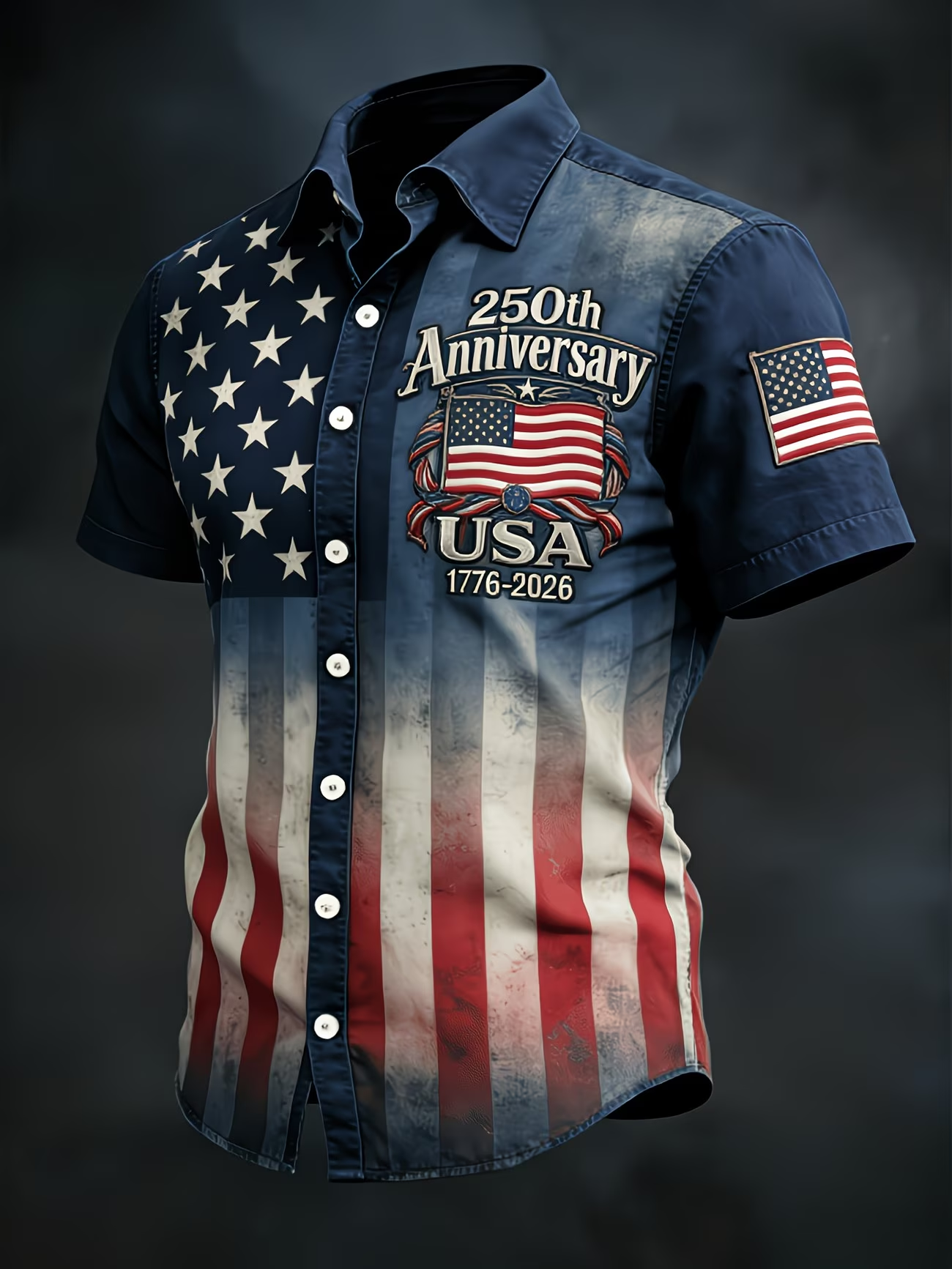 [Copy][Copy]Men's Eagle US Flag America's 250th Anniversary Button Up Shirt Short Sleeve Patriotic Collared