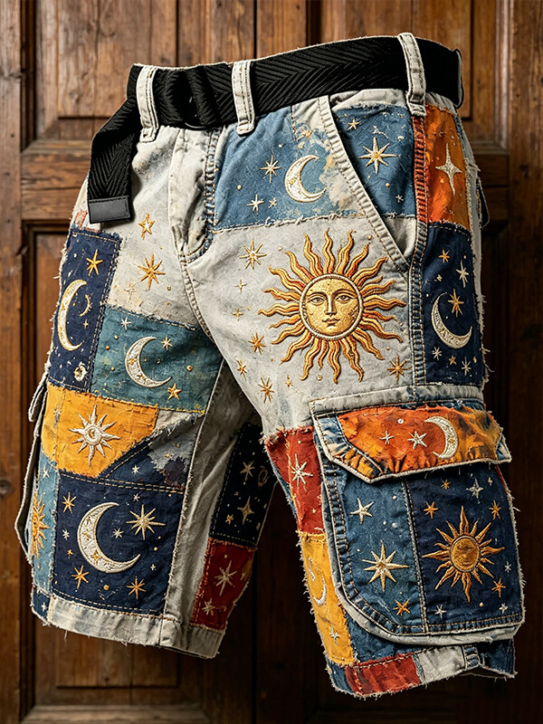 Men's Patchwork Art Hippie Mysterious Sun Moon Print Denim-Like Cargo Shorts