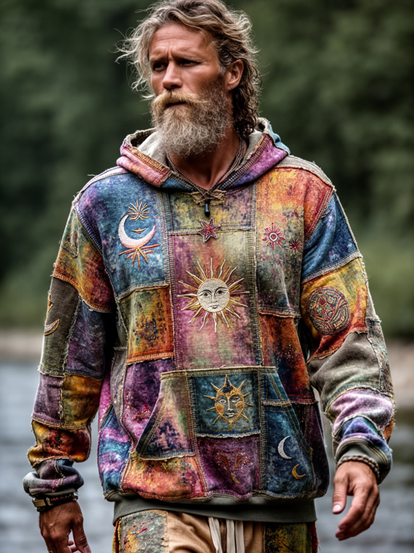 Men's Boho Sun And Moon Hippie Art Print Pocket Hoodie