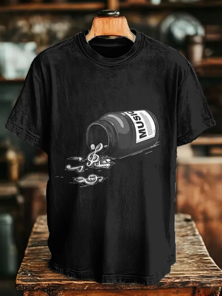 Men's Music Pill Bottle Spilling Musical Notes Funny Print Cotton Casual T-Shirt