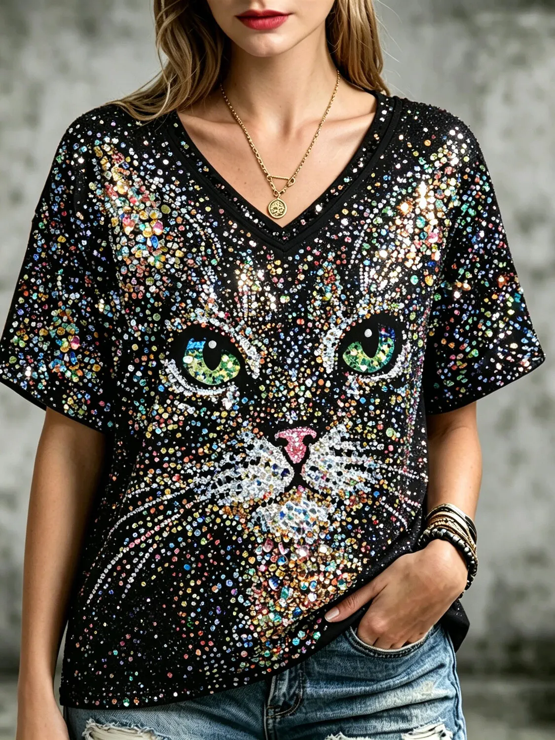 Women's Rhinestone Cat Face Graphic Print Casual T-Shirt