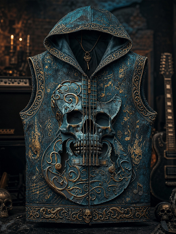 Men's Skeleton Guitar Ethnic Dark Art Print Workout Hooded Tank Top
