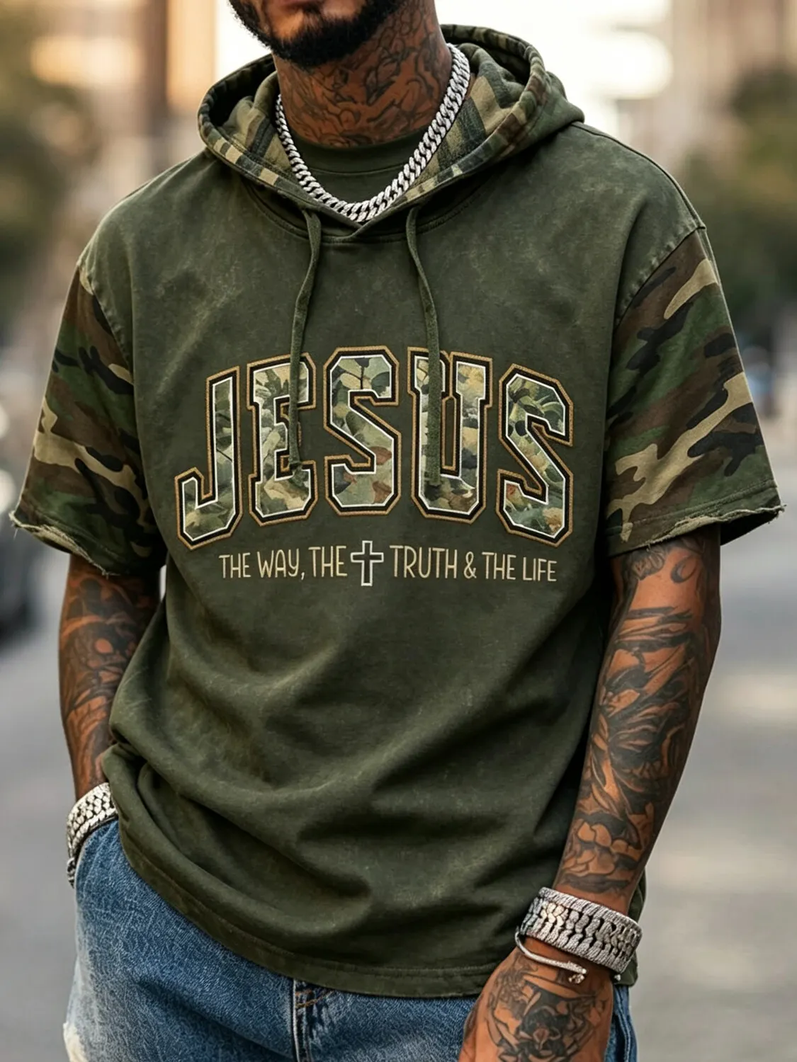 Men's Camouflage JESUS Faith Print Casual Hooded T-Shirt
