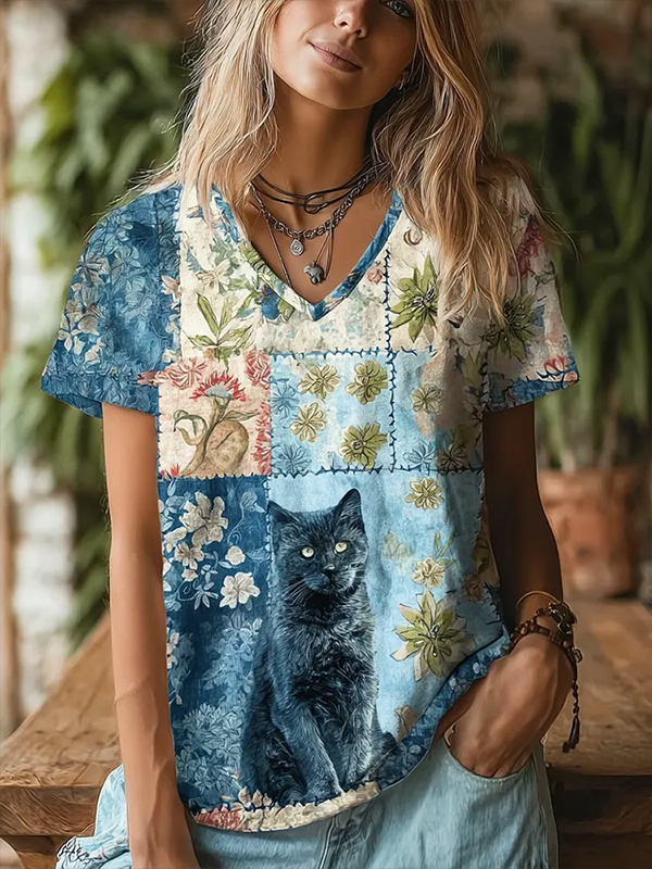 Women's Boho Cat & Floral Patchwork Print Casual V Neck T-Shirt