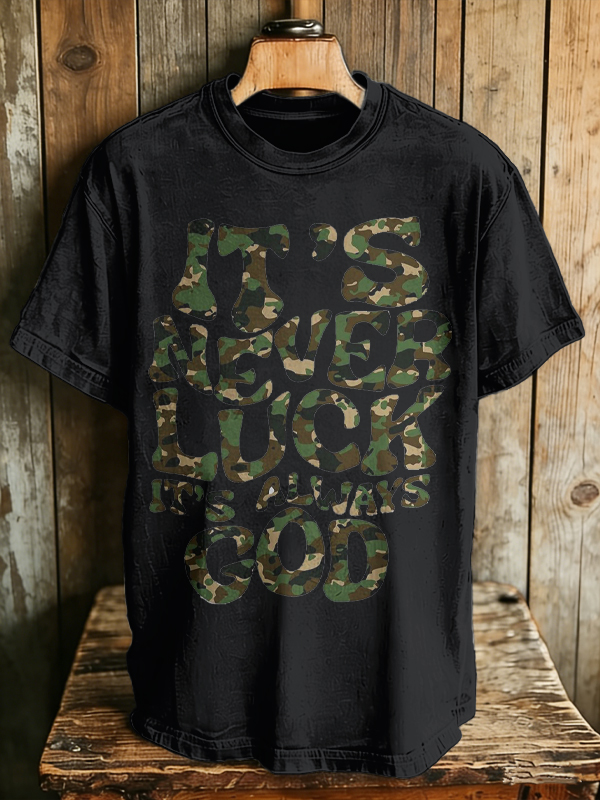 Men's Camo Pattern It's Never Luck It's Always God Print Cotton Casual T-Shirt