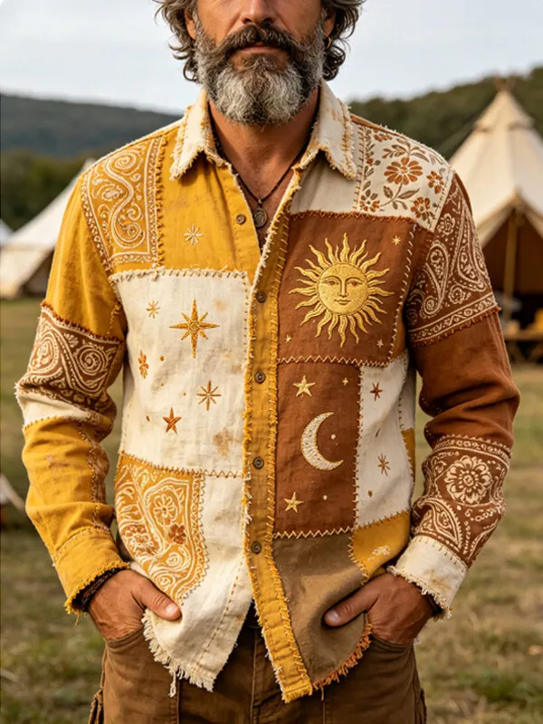 Men's Vintage Boho Patchwork Paisley Celestial Sun And Moon Print Long Sleeve Shirt