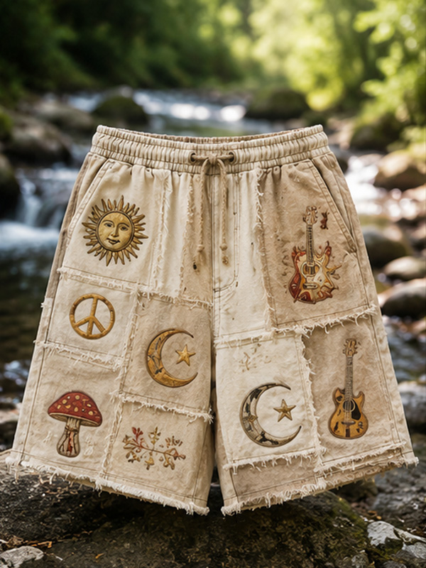 Men's Retro Sun Guitar Mushroom Geometric Patchwork Peace Hippie Art Print Casual Shorts