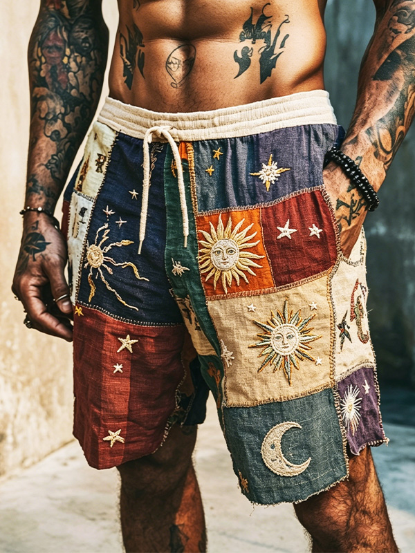 Men's Hippie Mystery Patchwork Sun Face And Moon Boho Art Print Casual Shorts