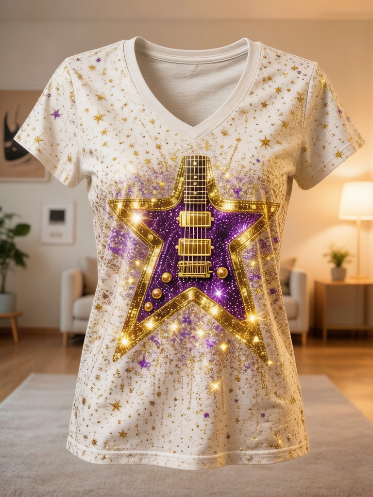Women's Star Guitar Glitter Print Casual V Neck T-Shirt