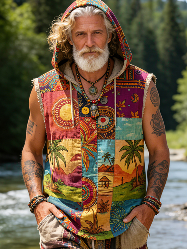 Men's Hippie-Style Vacation Art Print Workout Hooded Tank Top