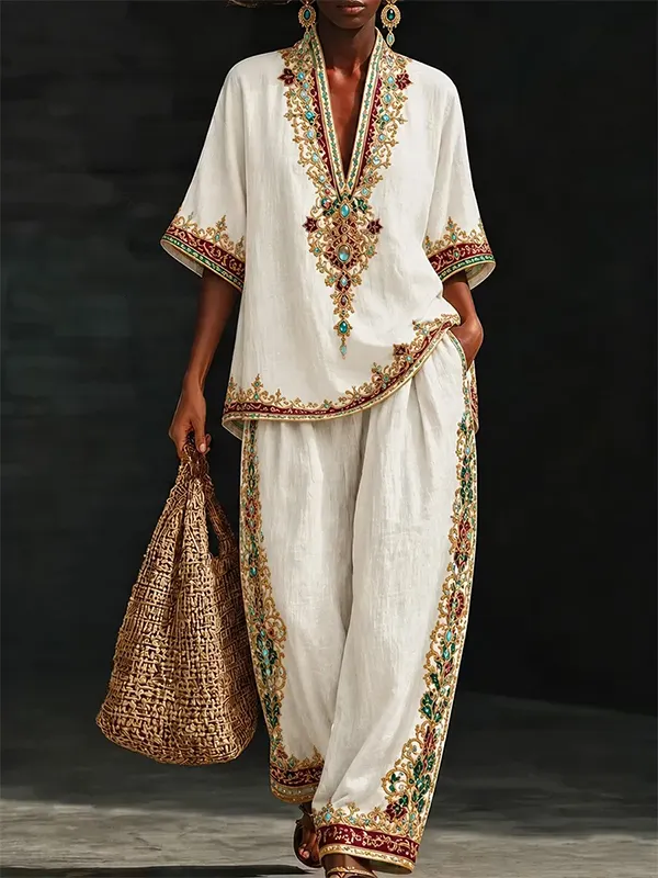 Women's Vintage Ethnic Print Deep V Neck Half Sleeve T-Shirt Wide Leg Pants Matching Set