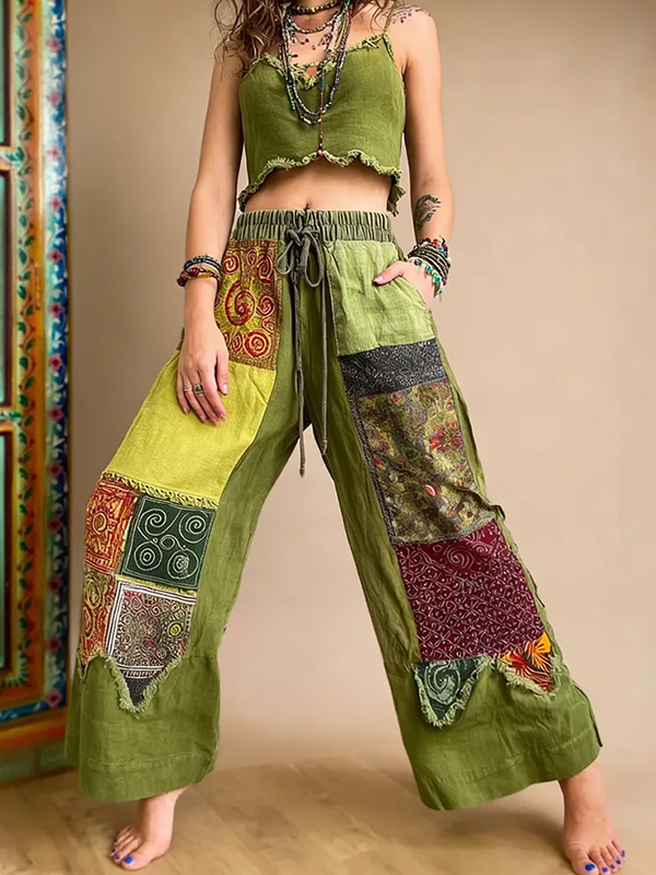 Women's Boho Abstract Plant Patchwork Print Casual Wide Leg Pants