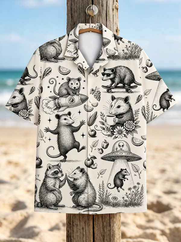 Men's Opossum Raccoon UFO Space Sketch Art Print Shirt