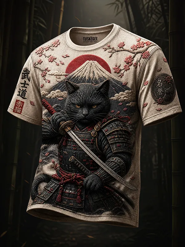 Men's Japanese Black Cat Samurai Print T-Shirt