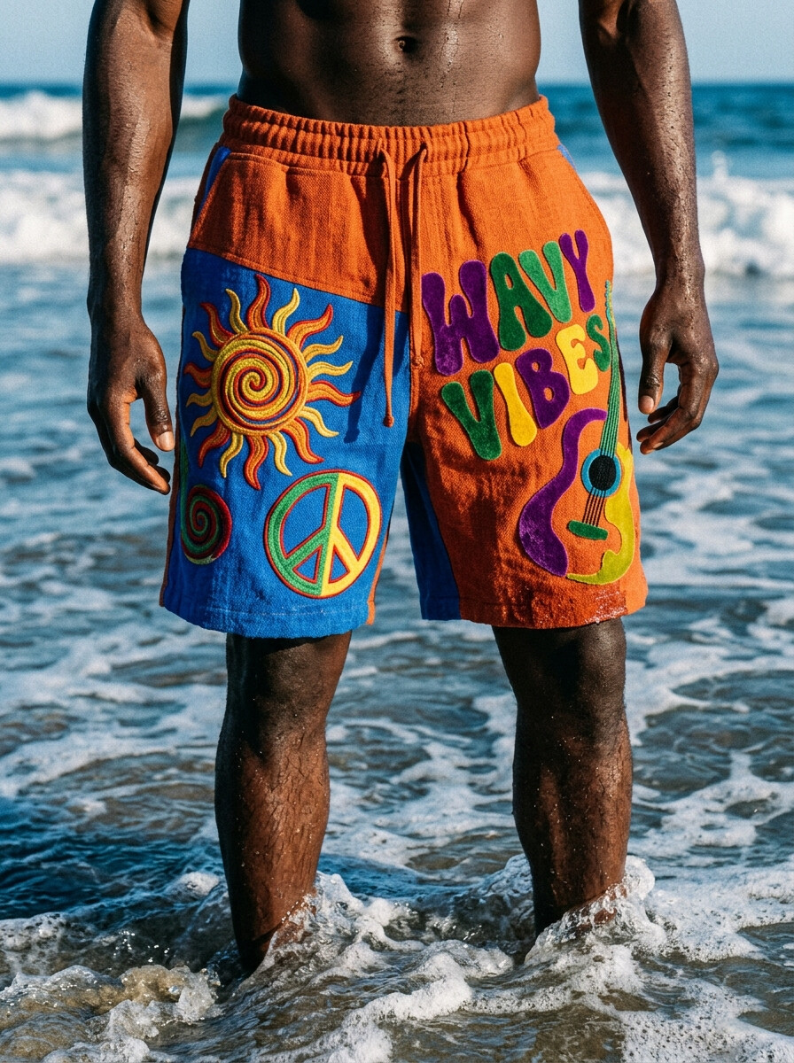 Men's Wavy Vibes Peace Sign Sun And Guitar Patchwork Art Print Casual Shorts