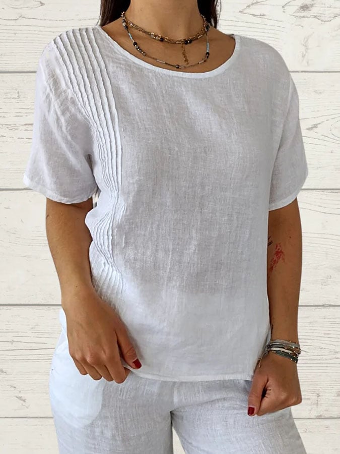 Women's Casual Solid Color Round Neck Short Sleeve Shirred Top