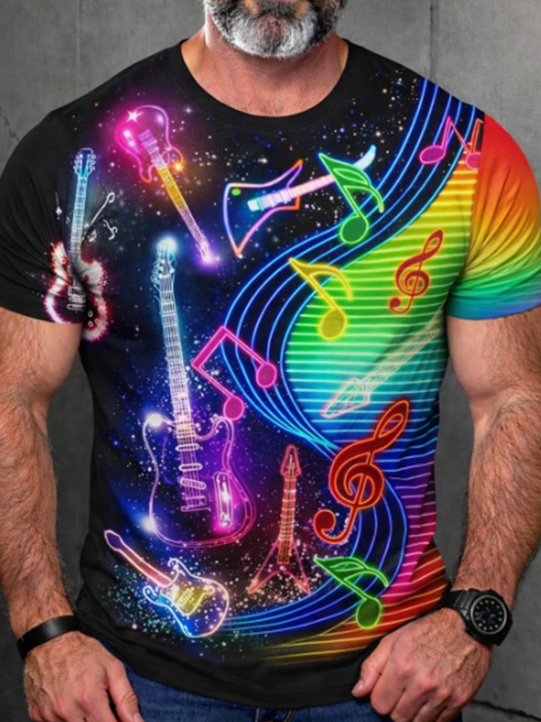 Men's Guitar Notes Rainbow Art Pattern Casual T-Shirt