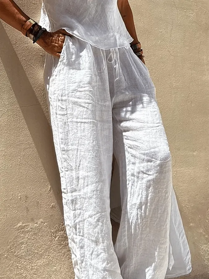 Ladies Pocket Patchwork Loose Cotton And Linen Casual Pants