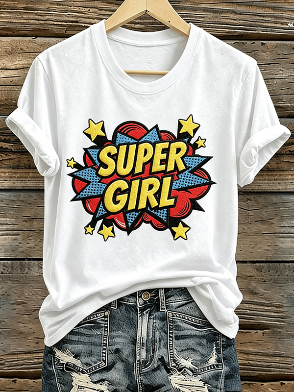 Women's Super Girl Print Cotton Casual T-Shirt