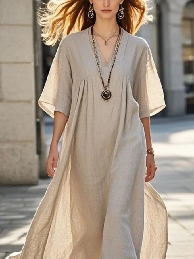 Ladies Casual Solid Color V-Neck Mid Sleeve Shirred Dress