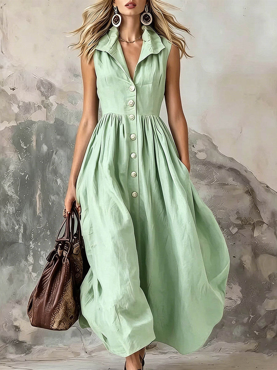 Women's Solid-color Sleeveless Cotton-linen V-neck Flared Dress
