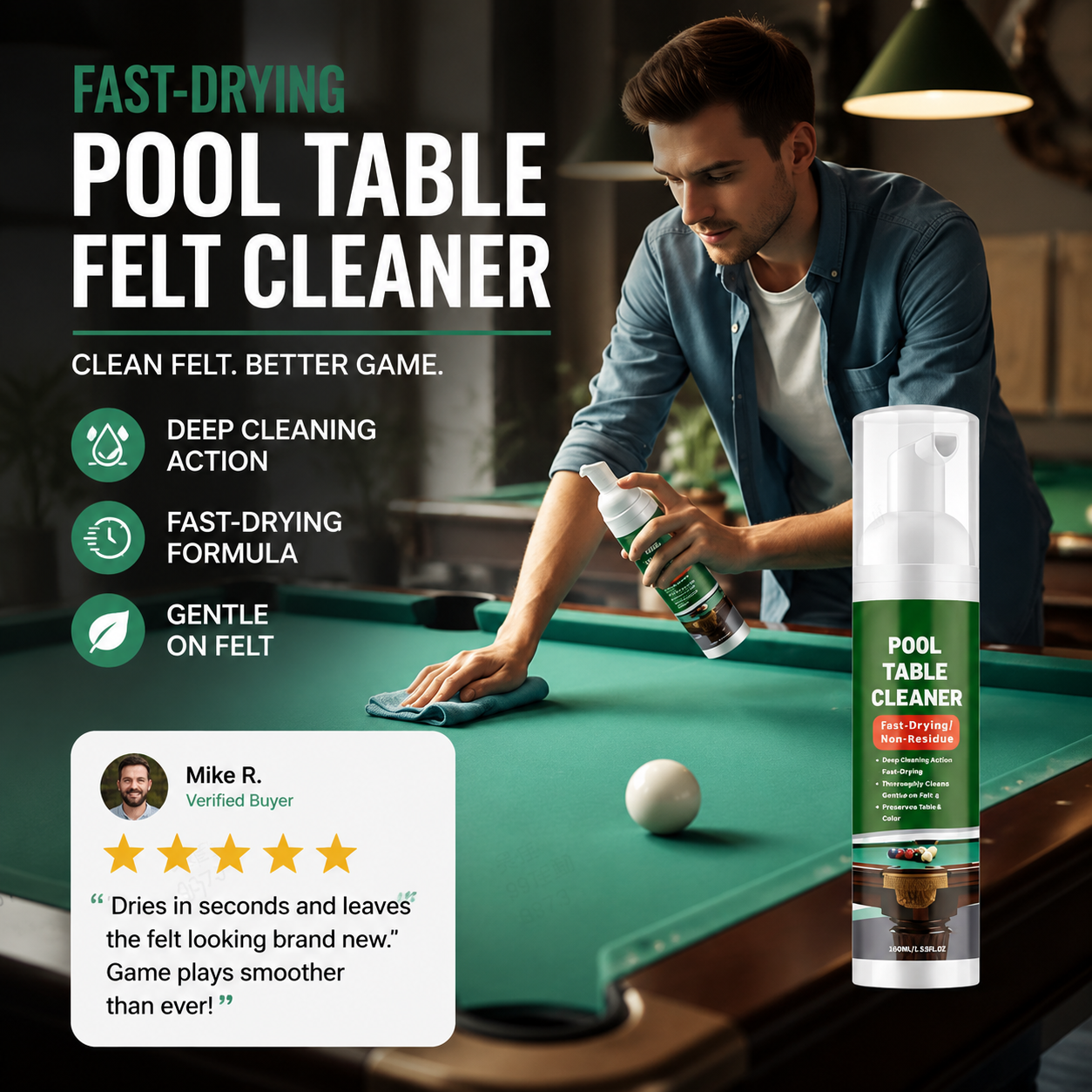 Fast‑Drying Pool Table Felt Cleaner – Deep cleans chalk & oils, cloth‑safe. Quick dry, no residue. Back to the game in minutes! ✨💨