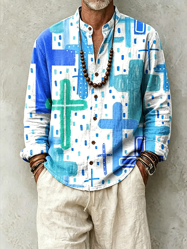 Men's Watercolor Cross Art Print Long Sleeve Shirt