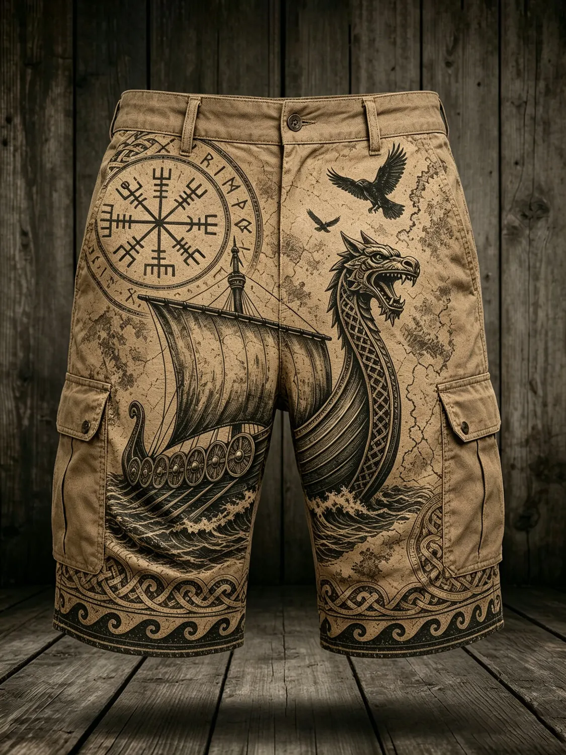 Men's Viking Dragon Ship Raven Rune Compass Print Casual Shorts