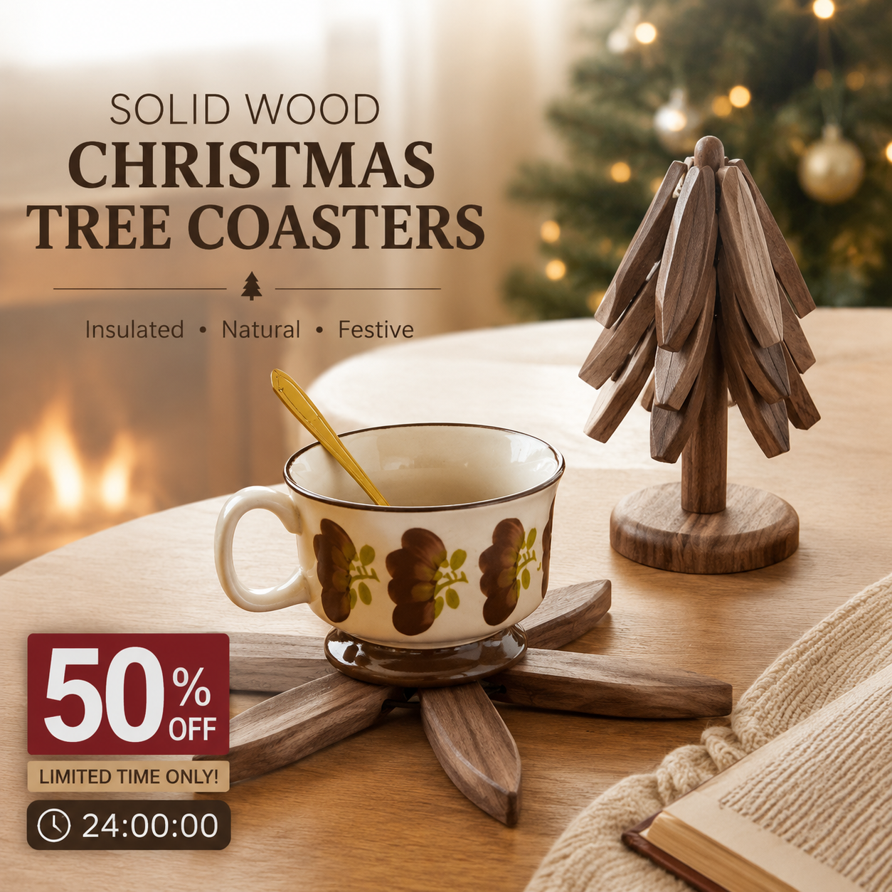 🧑‍🎄Insulated Coasters Solid Wood Christmas Tree Coasters