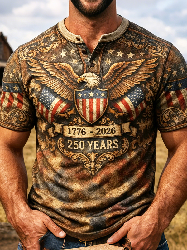 Men's Vintage American Eagle 1776-2026 Print Half Button Henley T-Shirt